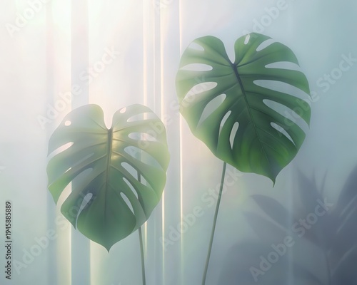 Green palm with reeded glass. Premium spa-inspired texture for zen aesthetic behind frosted panel. Minimal magazine concept on wood banner. Ribbed Background. White Reeded Glass. Plant leaves.