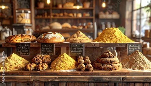 Wallpaper Mural Nutrient-dense insect-based flour and diverse baked goods, including artisan breads and pastries, displayed on a rustic wooden counter in a warm bakery setting. Torontodigital.ca
