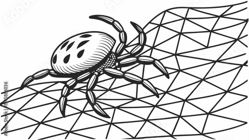 Detailed black and white illustration of a tick crawling on geometric polygonal surface with lines and shapes
