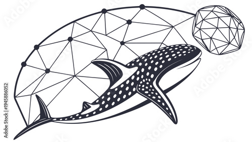 Whale and geometric shapes floating in digital environment futuristic illustration for technology and innovation concepts