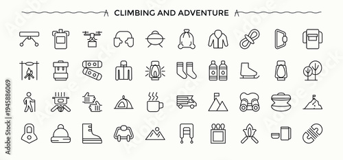 Adventure line icon set. Featuring travel, camp, climb, journey, climbing and more. Journey line icon set. Web icons pack. Editable stroke collections.