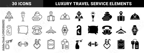 Luxury Hotel Services and Hospitality Amenities Featuring Hybrid Symbols Merging Travel Luggage with Location Pins and Spa Elements with Wellness Symbols