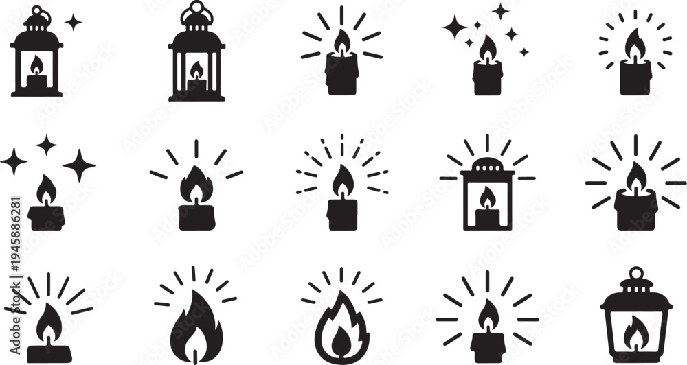 Fototapeta premium Black and white lantern icons with flame designs collection