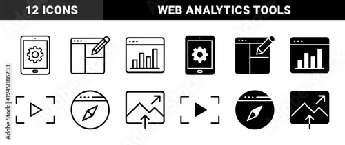 Hybrid digital interface and data analytics icons featuring tablet with gear browser window with bar chart and compass navigation symbols