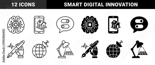 Hybrid Technology and Creative Artificial Intelligence Icon Set Featuring Brain Microchip Smartphone Architecture and Virtual Reality Visualization