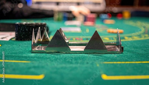 Wallpaper Mural Two sleek, sharp-pointed stainless steel card protectors resting prominently on the vibrant green felt of a poker table, with a blurred casino background. Torontodigital.ca