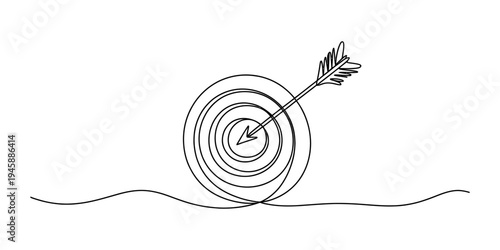 A continuous single line drawing of an arrow hitting the bullseye on a target, symbolizing goal achievement Vector, illustration