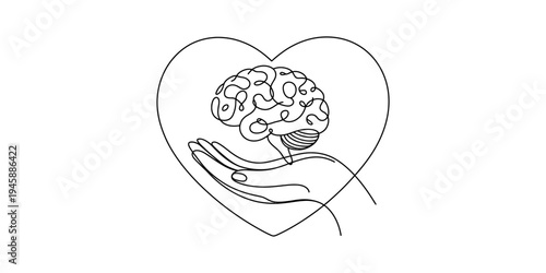 Continuous line drawing of a human brain held in a hand within a heart shape representing mental health. Vector, illustration