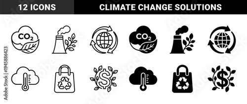 Sustainable economy and climate change icon set featuring hybrid designs of carbon dioxide clouds leaves factory smoke and recycling bags