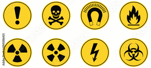 Hazard danger signs set, including radiation, high voltage, exclamation point, biohazard, gas flame, toxic, and laser symbols, ideal for safety warnings, industrial signage, and workplace hazard
