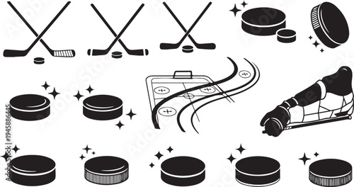 Hockey Equipment and Accessories Icon Set in Black and White