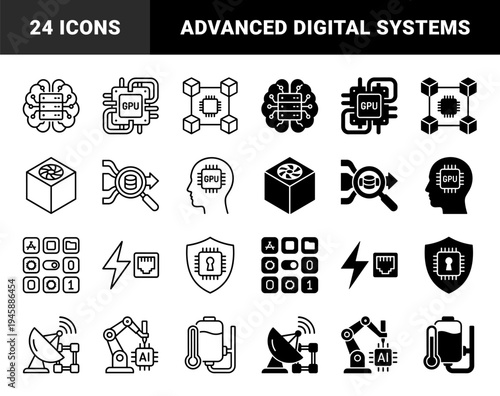 Hybrid computing and artificial intelligence icon set featuring brain servers gpu processors data analytics and robotic arm hardware integration