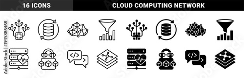 Data infrastructure and software development hybrid icon set featuring cloud computing network nodes server health monitoring and database security