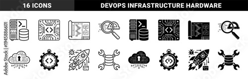 Software Engineering and DevOps Infrastructure Icons Featuring Hybrid Coding Symbols Blueprint Architecture and Server Database Integration