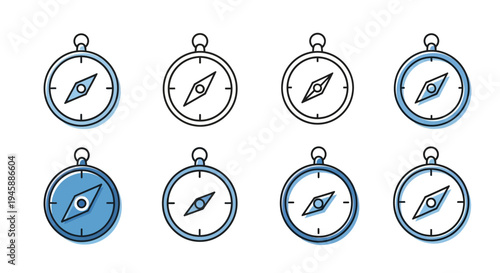 Collection of eight compass icons in outline and filled styles for navigation concepts.