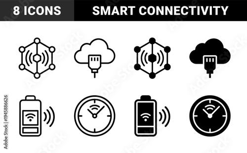 Hybrid smart technology icons featuring wireless battery charging cloud ethernet connectivity and synchronized network clock sensors in outline and solid styles