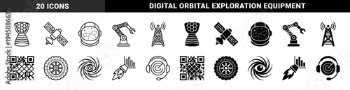 Abstract aerospace and data science hybrid symbols featuring astronaut helmets with constellations robotic arms and satellite communication gear
