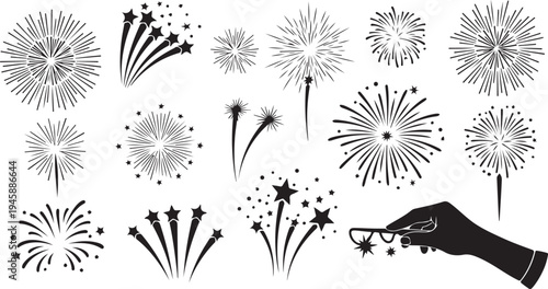 Fireworks explosion set with hand holding sparkler on white