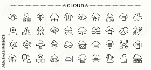 Cloud Data line icon set. Pictograms of database, data analysis, technology, analysis and more. Database line icon set. Thin line icons set. Signs for web and mobile app.