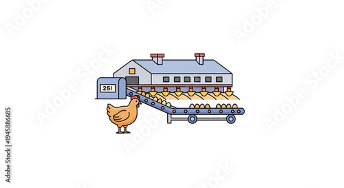 Chicken standing on farm conveyor belt.