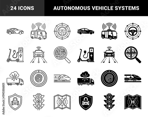 Smart Mobility and Autonomous Transportation Hybrid Icon Set Featuring Electric Vehicle Charging Connected Infrastructure and Navigation Systems