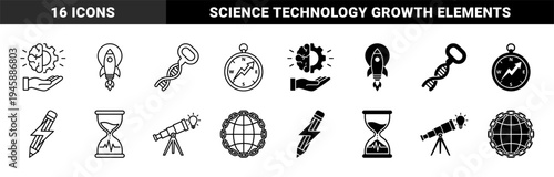 Hybrid conceptual icons merging brain with gear rocket with moon dna with key compass with lightning pencil with bolt and hourglass with heartbeat