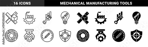 Industrial engineering and manufacturing hybrid icons featuring factory gears power pistons circuit boards and technical measurement tools in dual styles