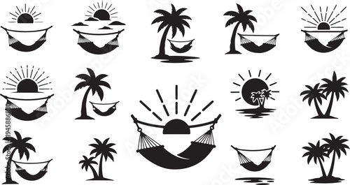 Black and white tropical vacation icons with palm trees