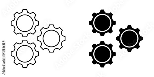 Set of gear icons in outline and flat solid styles. Mechanical engineering, settings, and teamwork concept.