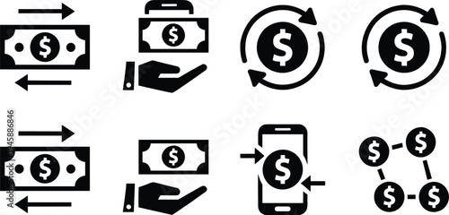 money transaction and payment icon set, cash transfer mobile banking finance exchange symbols collection, digital finance vector solid icons