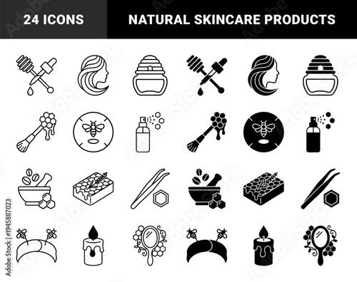 Natural honey bee ingredients and organic skincare hybrid symbols featuring propolis serum dropper beeswax candle and honeycomb mirror