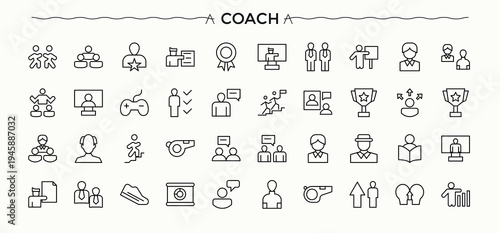 Coach related icon set. Leader vector line icon set. Contain linear sign trainer, leader, train, mentor, counselor, advice and more. Editable stroke. Vector collection.