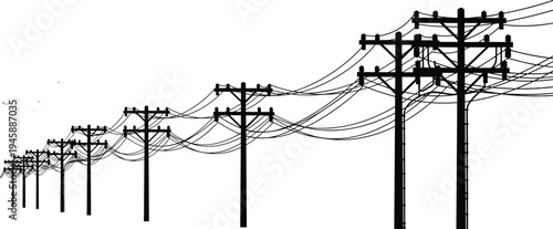 Electrical utility poles and power lines silhouette vector illustration, high voltage transmission wires for energy distribution and industrial power supply infrastructure.