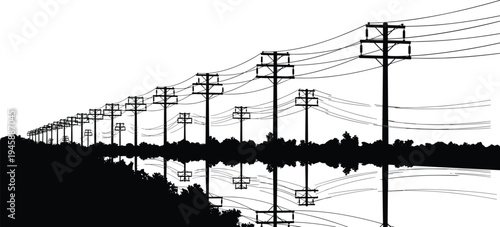 High voltage power lines silhouette with water reflection, electrical transmission towers along river bank, industrial energy infrastructure vector illustration.