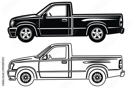 Line drawings of two pickup trucks in black and white