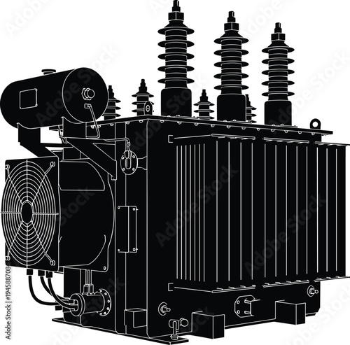 High voltage electric power transformer station silhouette vector illustration, industrial energy distribution equipment, electrical engineering infrastructure on white background.