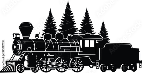 Vintage steam locomotive train silhouette with pine trees background, classic black and white engine vector illustration for transport and travel.