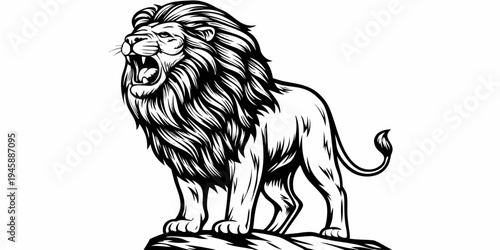 Roaring Lion on Rock Illustration - Powerful Wild Animal King Spirit Mascot Sketch Art