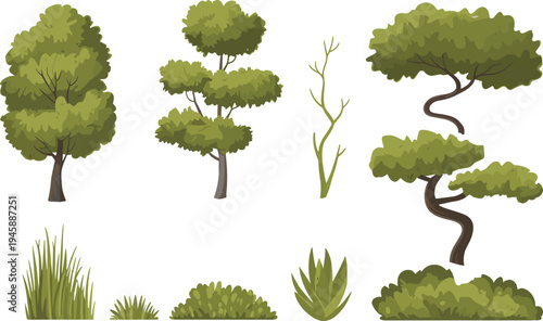 WebVector illustration set of green trees, garden shrubs, grass, and bonsai plants isolated on white background for outdoor nature landscape design,
