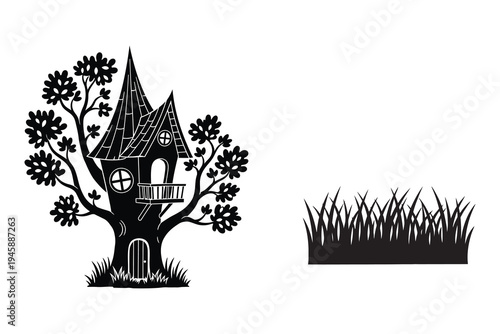 Whimsical treehouse in a fantastical landscape