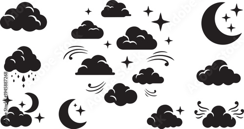Weather forecast icons with clouds moon and stars symbols