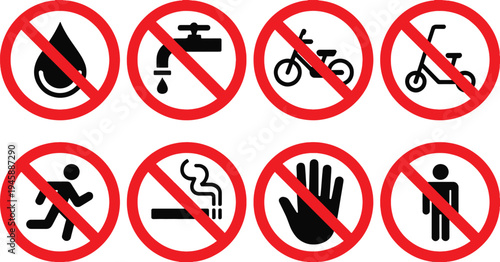 Prohibited signs for various activities and objects icons