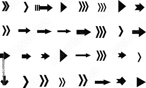 A comprehensive assortment of solid black arrow markers and navigational cues on a crisp white backdrop
