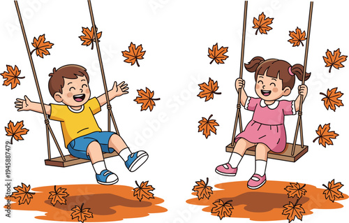 Happy little boy and girl playing on swings in autumn park with falling orange maple leaves, childhood fun vector illustration.