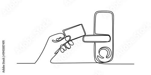 Continuous line drawing of a hand holding an electronic keycard to unlock a modern hotel door. Vector, illustration