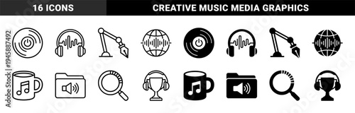 Hybrid multimedia audio icons merging sound waves with global globes music notes on coffee mugs and trophy cups with headphones in linear and solid styles