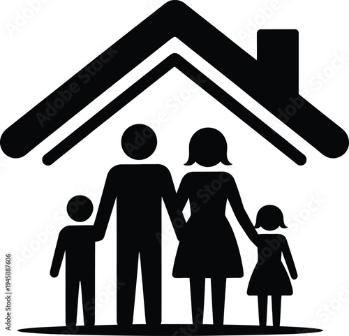 A family of four standing together under a protective house roof icon