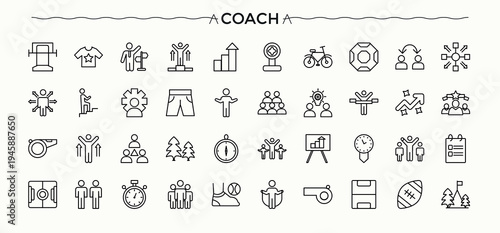 Coach icon set. Counselor icon set. Thin linear style icons. Contain linear symbols trainer, man, advice, leadership, counselor and more. Editable stroke collections.