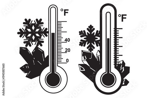 Temperature comparison with snowflakes and thermometers in fahrenheit