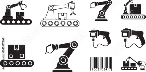 Industrial robotic arms and machines in black and white